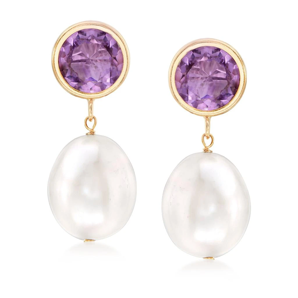 商品Ross-Simons|10-11mm Cultured Pearl and Amethyst Drop Earrings in 14kt Yellow Gold,价格¥781,第1张图片