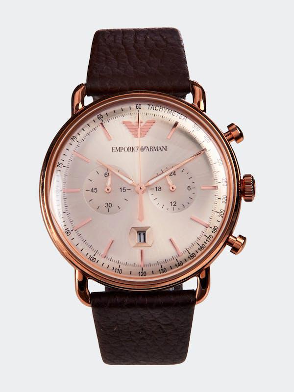 Men's Aviator AR11106 Rose-Gold Leather Japanese Quartz Dress Watch商品第1张图片规格展示