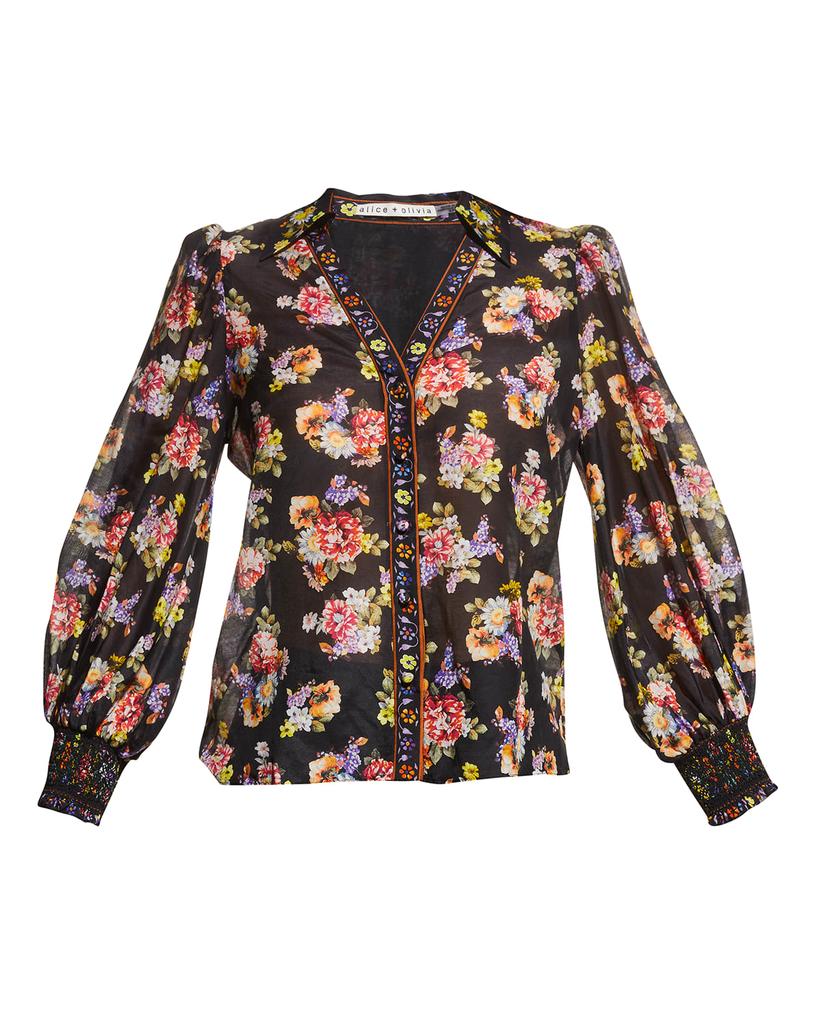 Cosima Floral Blouson-Sleeve Button-Front Top商品第2张图片规格展示