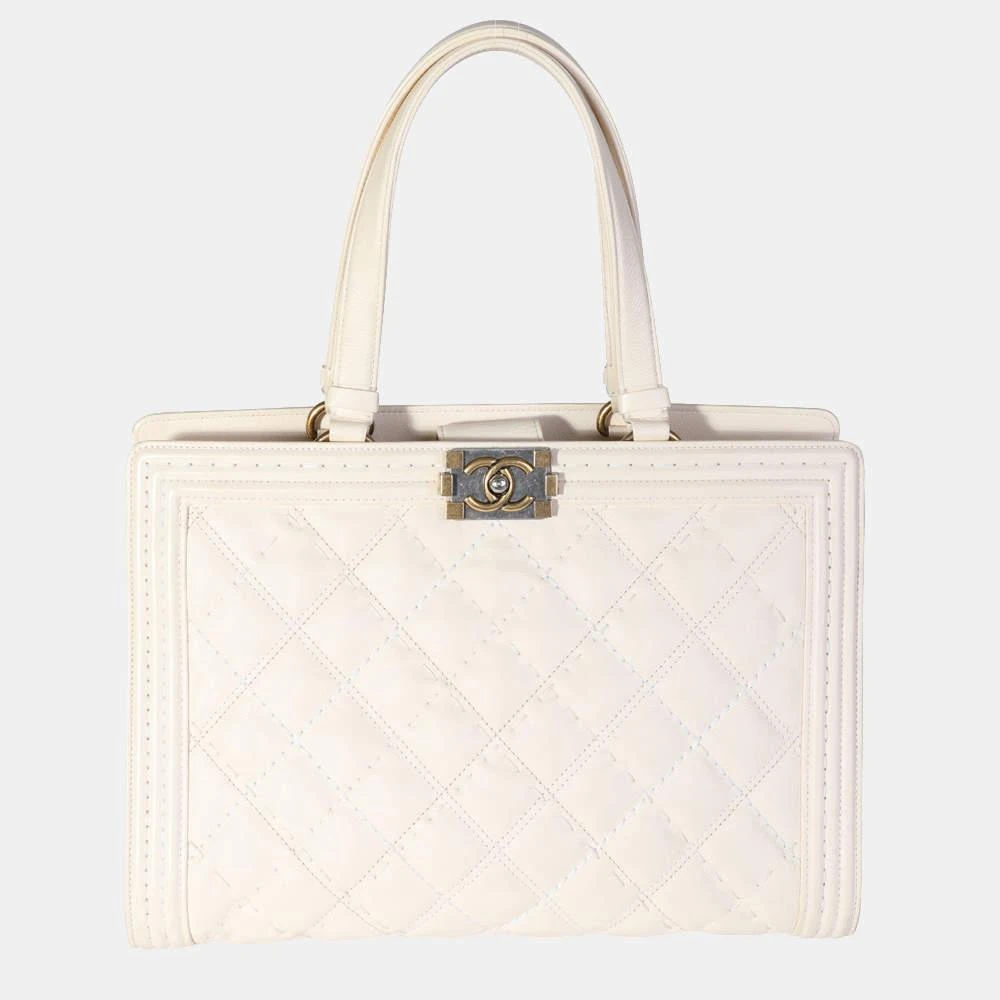 商品[二手商品] Chanel|Chanel White Leather Large Boy Shopping Tote Bag ,价格¥28450,第1张图片