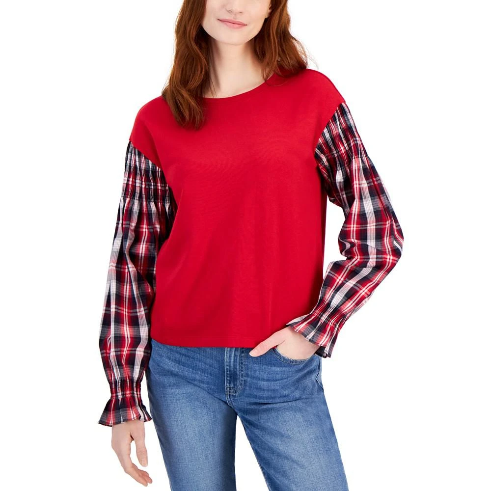 商品Tommy Hilfiger|Women's Mixed-Media Long-Sleeve Sweatshirt,价格¥314,第1张图片详细描述