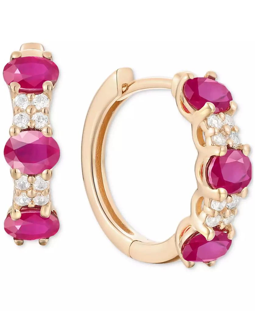 商品Macy's|Ruby (1-1/3 ct. t.w.) & Diamond (1/6 ct. t.w.) Oval Small Hoop Earrings 14K Gold, 0.5" (Also available in Emerald & Sapphire),价格¥3927,第3张图片详细描述