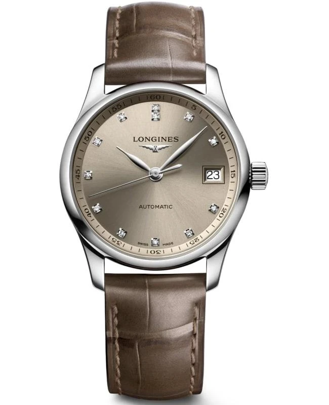 商品Longines|Longines Master Automatic Beige Diamond Dial Leather Strap Women's Watch L2.357.4.07.2,价格¥15032,第1张图片