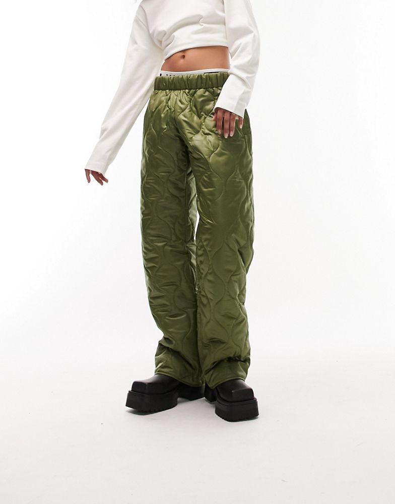 Topshop quilted puffer straight leg trouser in khaki商品第4张图片规格展示