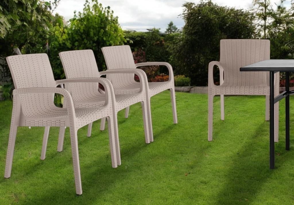 商品Hivvago|Set of Four 24" Taupe Faux Rattan Heavy Duty Plastic Outdoor Stacking Arm Chairs,价格¥3843,第1张图片