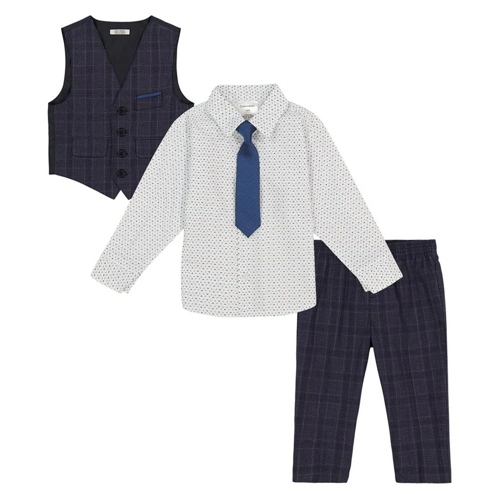 商品Calvin Klein|Little Boys Textured Plaid Vest, Dress Shirt, Pant and Clip-on Tie, 4 Piece Set,价格¥223,第1张图片