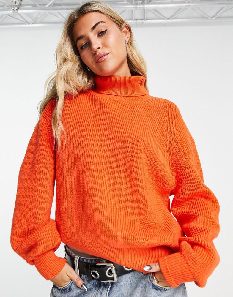 Calvin Klein Jeans chunky roll neck jumper in coral orange商品第1张图片规格展示
