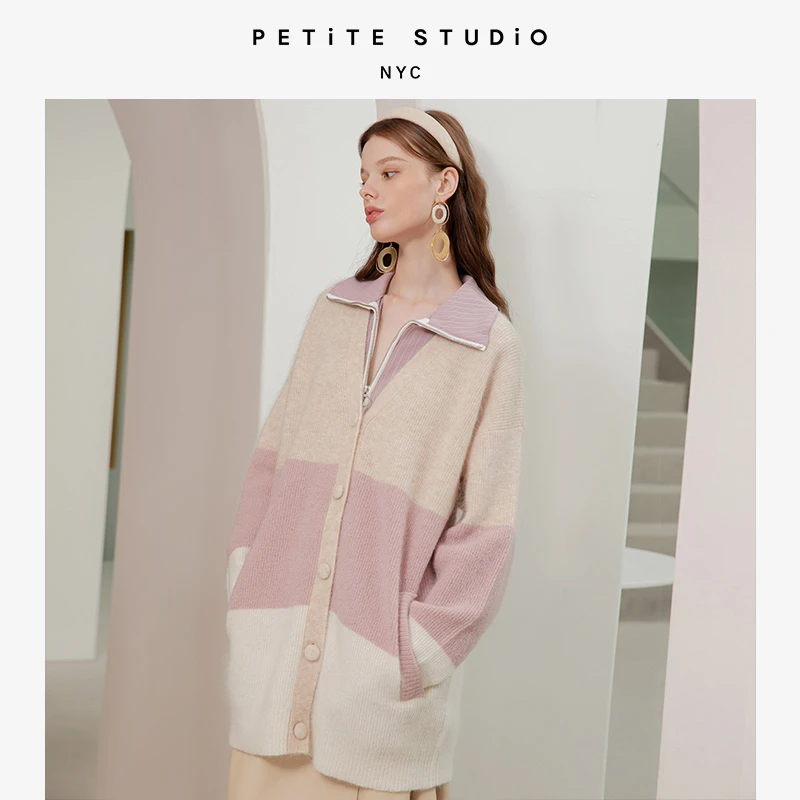 商品[国内直发] Petite Studio NYC|Ryan藕粉白撞色温柔宽松百搭马海毛开衫 | Ryan Mohair Cardigan - Colorblock,价格¥1252,第1张图片