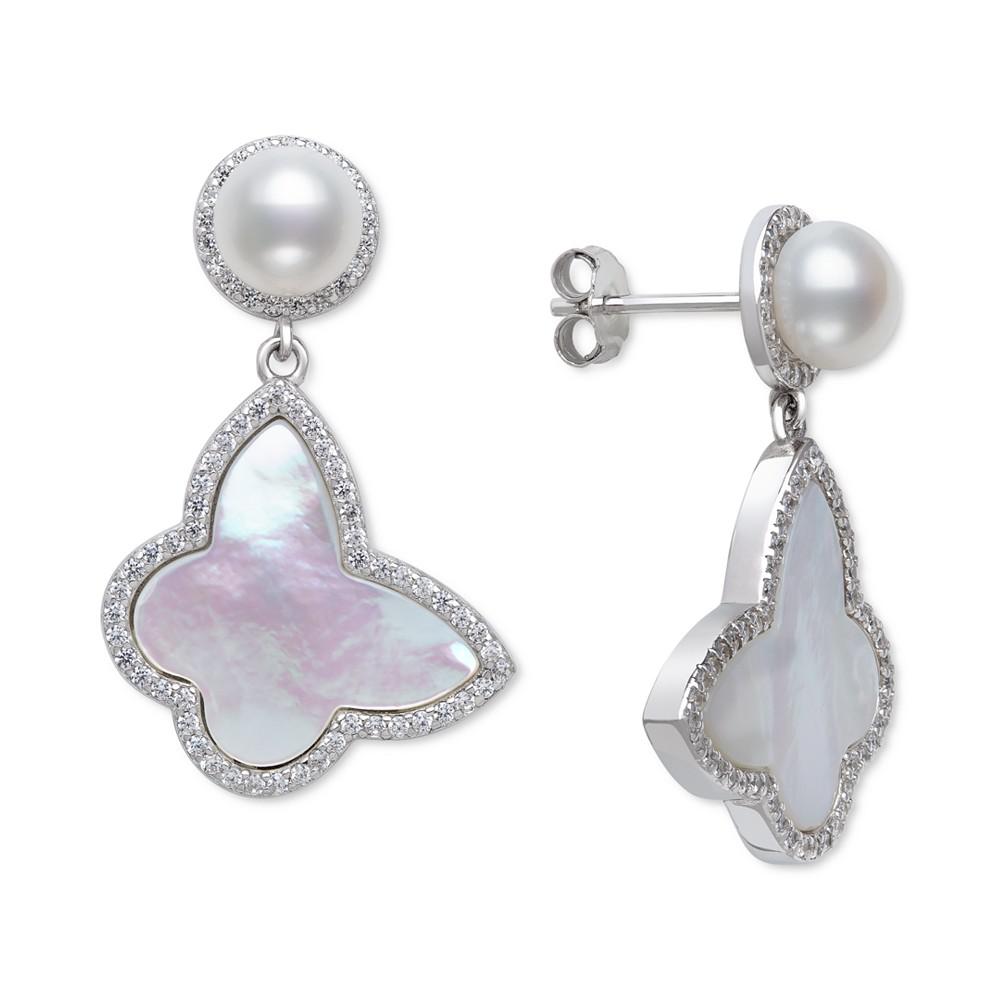 Cultured Freshwater Pearl (6mm), Mother-of-Pearl & Cubic Zirconia Drop Earrings in Sterling Silver商品第1张图片规格展示