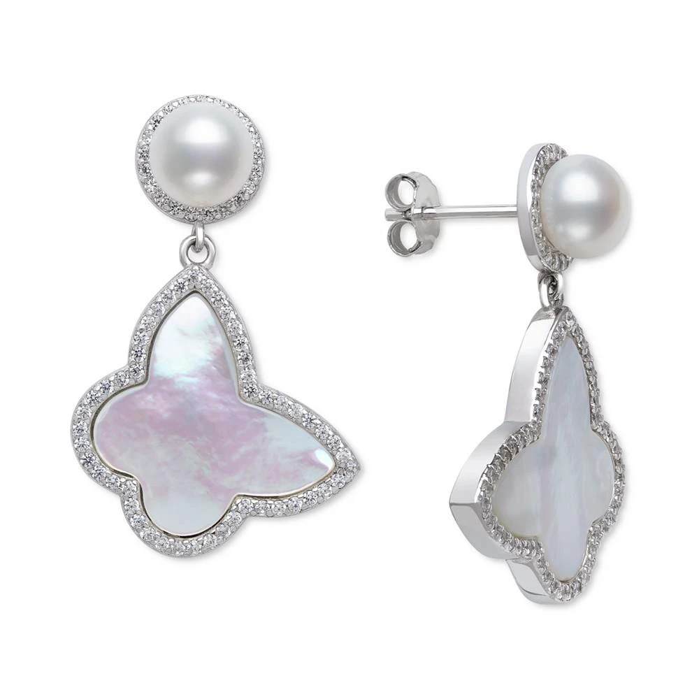 商品Belle de Mer|Cultured Freshwater Pearl (6mm), Mother-of-Pearl & Cubic Zirconia Drop Earrings in Sterling Silver,价格¥627,第1张图片