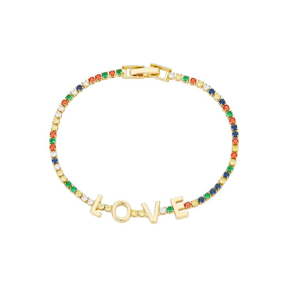 14K Gold Flash-Plated Brass Multi Color Cubic Zirconia "Love" Tennis Bracelet商品第1张图片规格展示