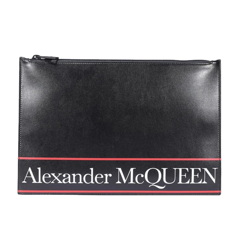 Alexander McQueen 男士黑色白色字母logo小牛皮拉链手拿包 560472-1SJ6B-1092 商品