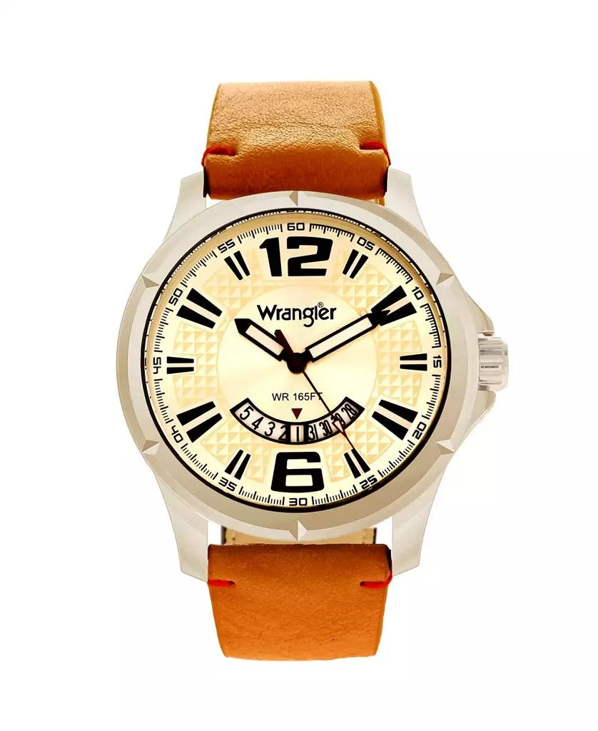 商品Wrangler|Men's Watch, 48MM Silver Colored Dial, Brown Zoned Dial with White Markers and Crescent Cutout, Date Function, Tan Strap with Red Accent Stitch Analog, Red Second Hand,价格¥425,第1张图片