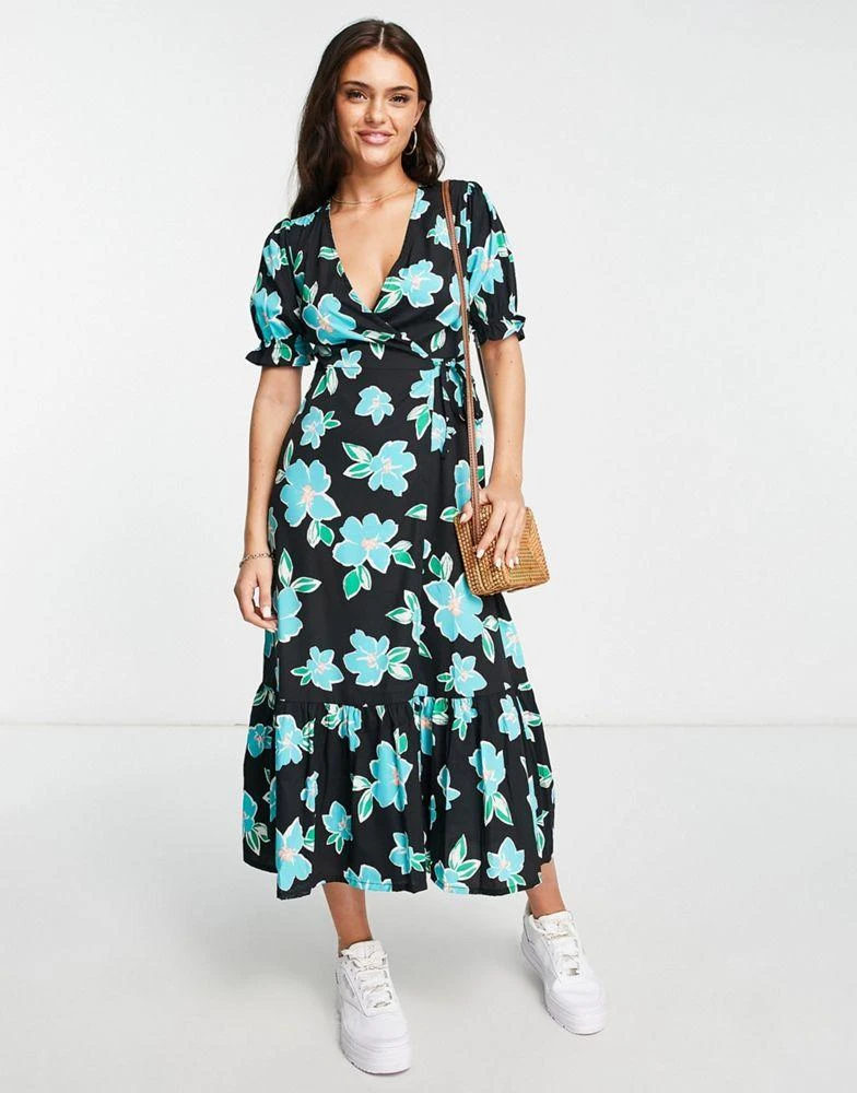商品New Look|New Look floral wrap front open back midi dress in blue,价格¥220,第2张图片详细描述