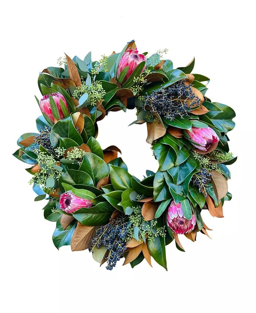 商品GreenishBlu|Fresh Real Magnolia and Pink Ice Protea Flower Spring Wreath,价格¥905,第1张图片