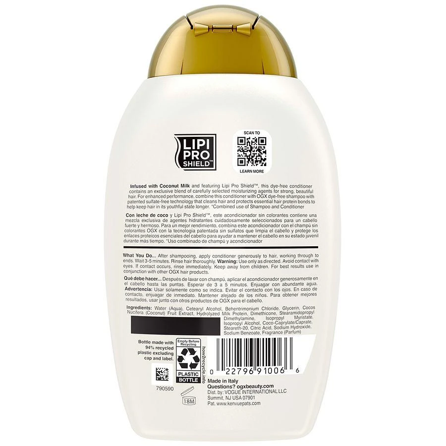 商品OGX|Nourishing + Coconut Milk Conditioner, Hydrating & Restoring Creamy Coconut, White Peach, & Shea Butter,价格¥74,第4张图片详细描述