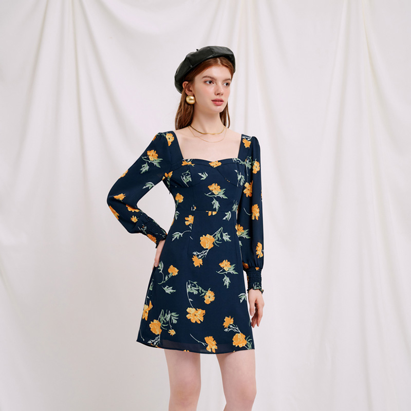 Arya藏青虞美人印花法式连衣裙 | Arya Dress - Navy Floral商品第4张图片规格展示