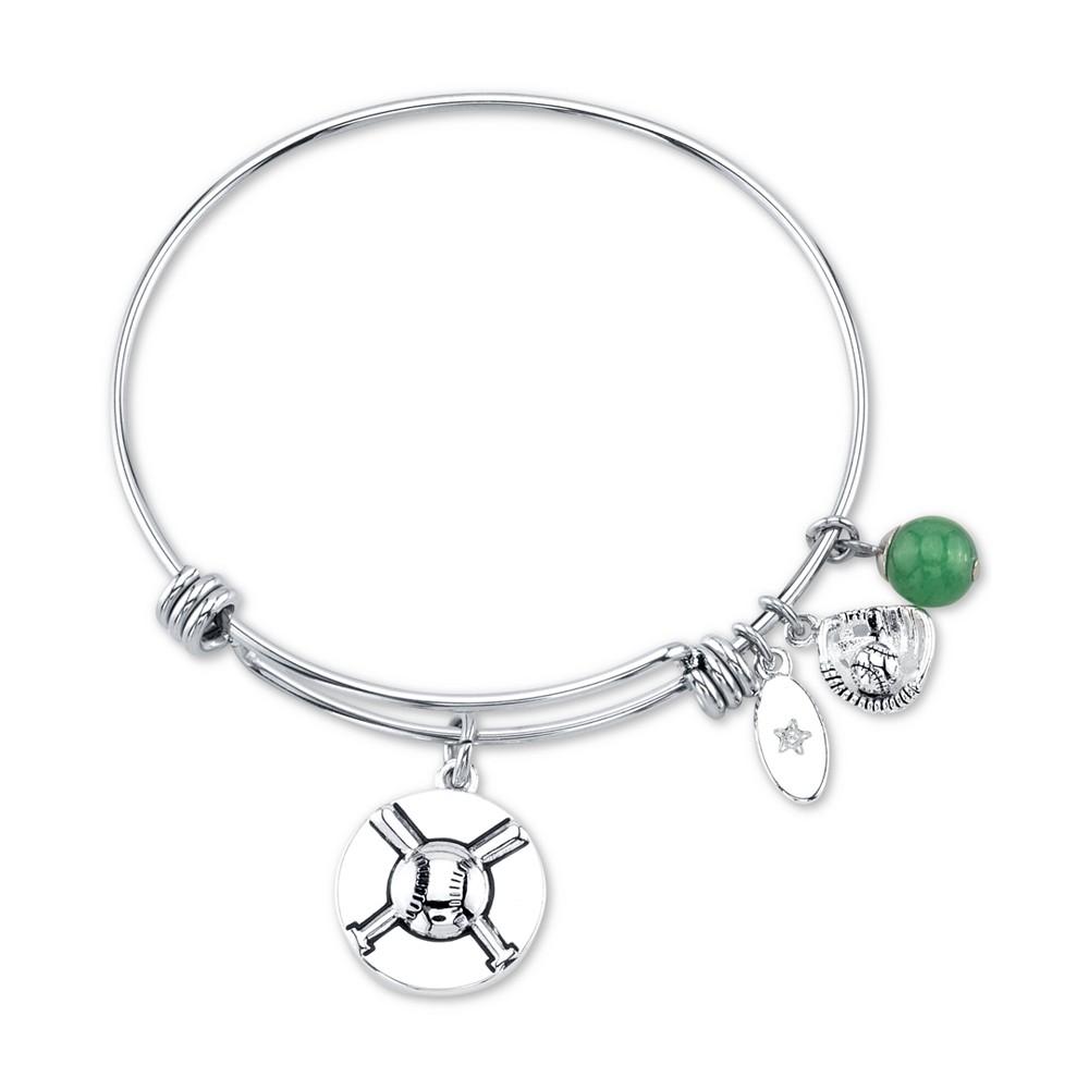 Baseball Charm and Green Aventurine (8mm) Bangle Bracelet in Stainless Steel Silver Plated Charms商品第1张图片规格展示