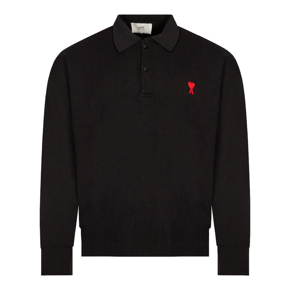 Ami Paris Knitted Polo Shirt - Black商品第1张图片规格展示
