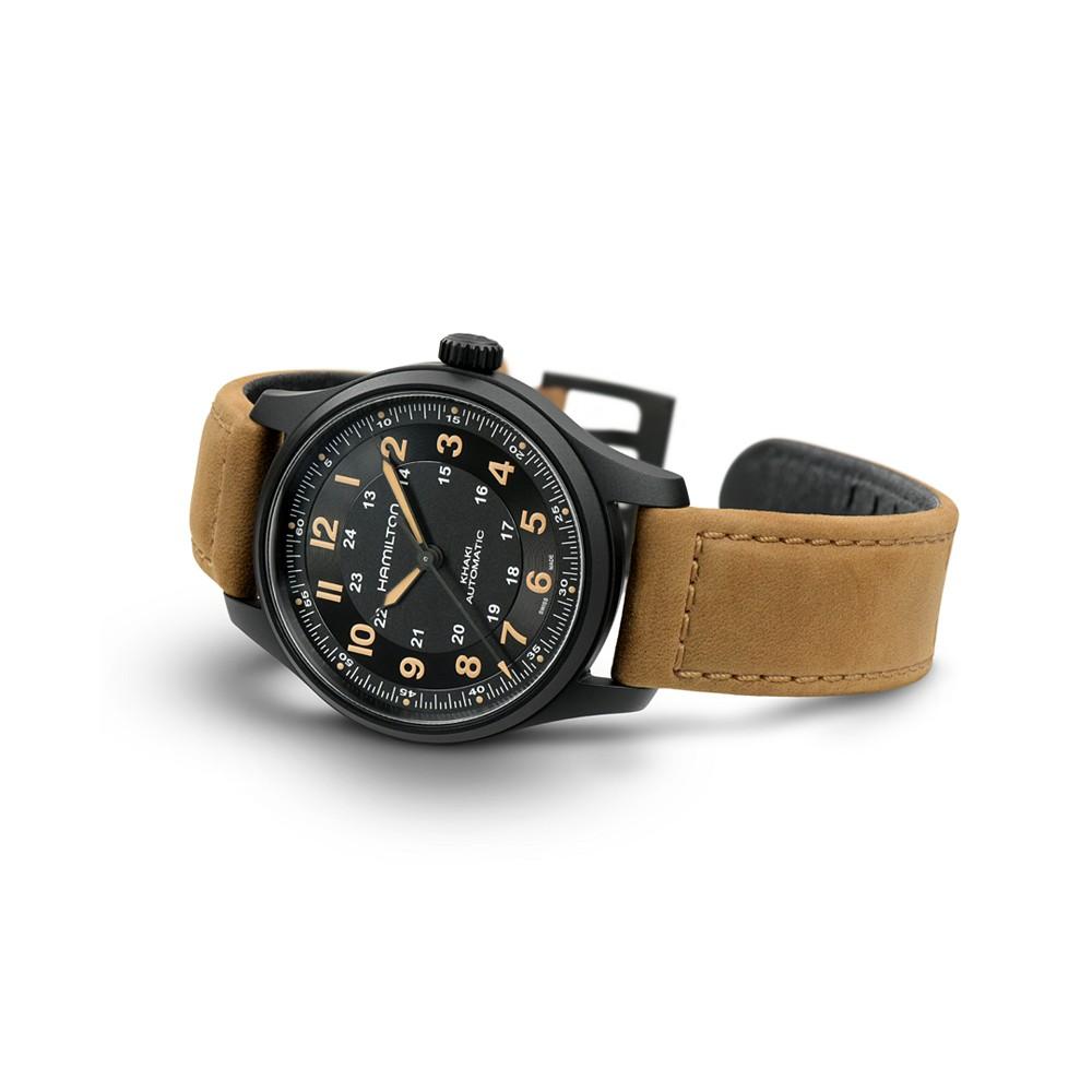 Men's Swiss Automatic Khaki Field Brown Leather Strap Watch 42mm商品第5张图片规格展示