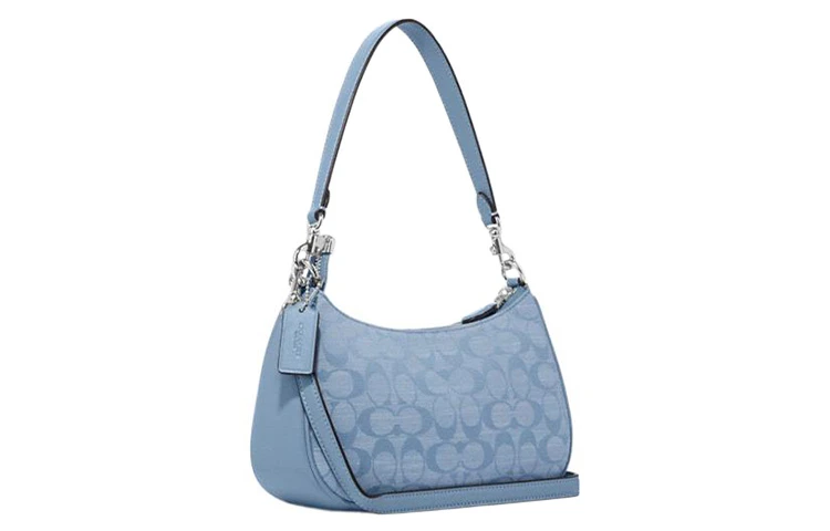 商品[国内直发] Coach|蔻驰 Teri 25 经典老花提花拉链开合香布蕾chambray 织物拼牛皮革 腋下包手提单肩包 中号 女款 淡蓝色,价格¥4003,第3张图片详细描述