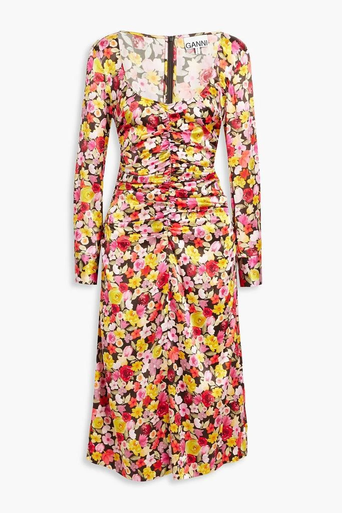 商品Ganni|Ruched floral-print silk-blend satin midi dress,价格¥1459,第1张图片