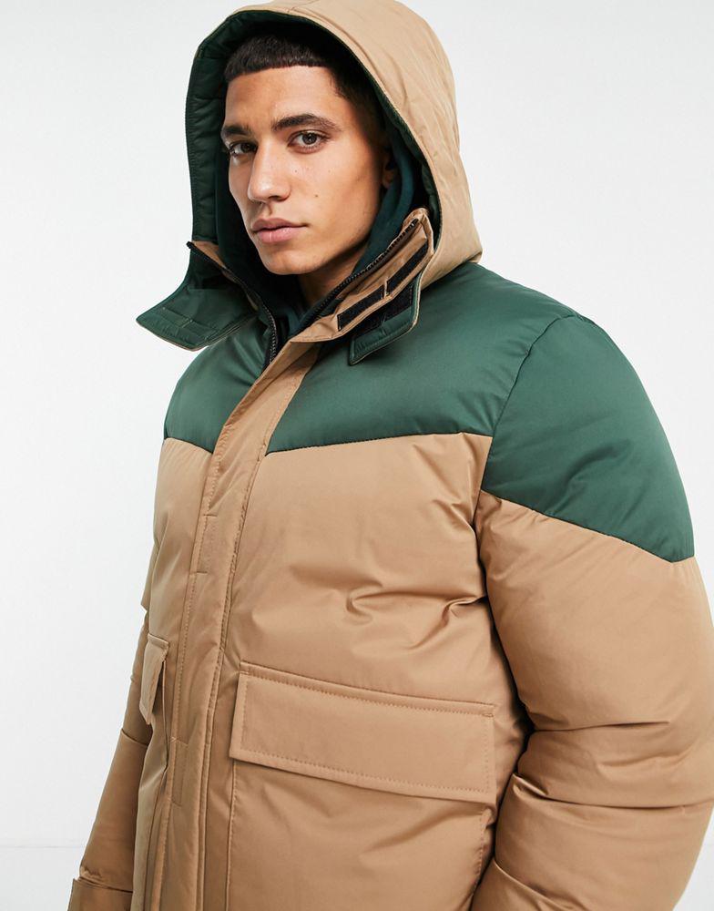 商品ASOS|ASOS DESIGN puffer jacket in brown with contrast khaki panel,价格¥334,第6张图片详细描述
