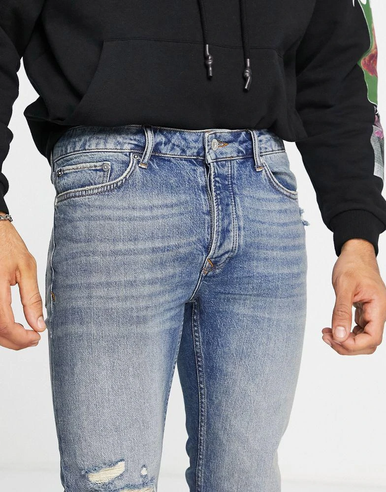 商品Topman|Topman stretch skinny rip jeans in mid wash blue,价格¥115,第3张图片详细描述