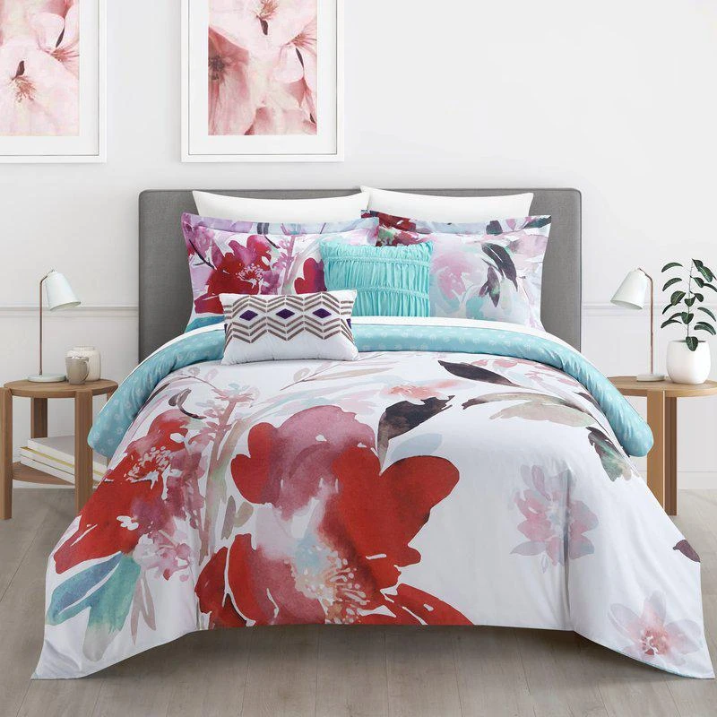 商品Chic Home Design|Waldorf 4 Piece Reversible Comforter Set Floral Watercolor Design Bedding TWIN,价格¥778,第1张图片