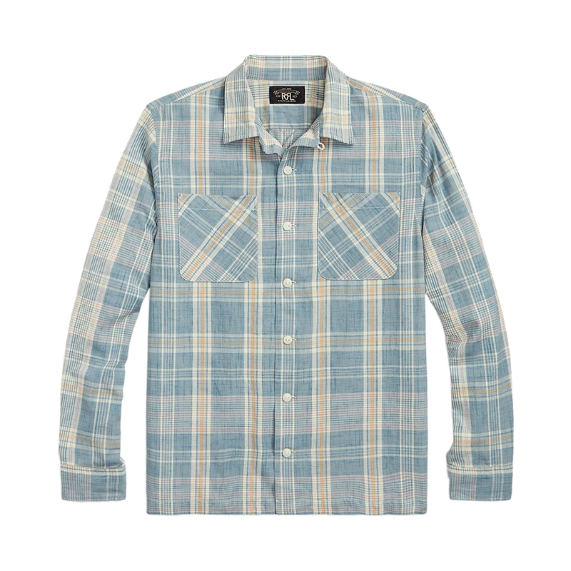 商品Ralph Lauren|拉夫劳伦 男士浅蓝色格子纯棉复古风格方领长袖衬衫,价格¥2196,第1张图片