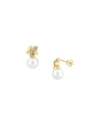 商品Effy|14K Yellow Gold, 9MM Freshwater Pearl & Diamond Drop Earrings,价格¥6105,第2张图片详细描述