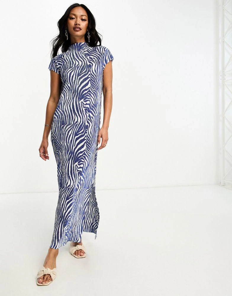 商品ASOS|ASOS DESIGN grown neck plisse midi dress with cap sleeve in blue zebra,价格¥350,第4张图片详细描述