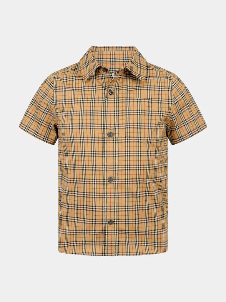 商品Burberry|Burberry Beige Boys Cotton Check Short Sleeve Shirt,价格¥953,第1张图片