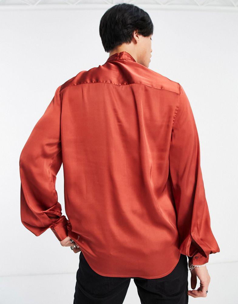 ASOS DESIGN satin shirt with tie neck and blouson volume sleeve in brick red商品第4张图片规格展示