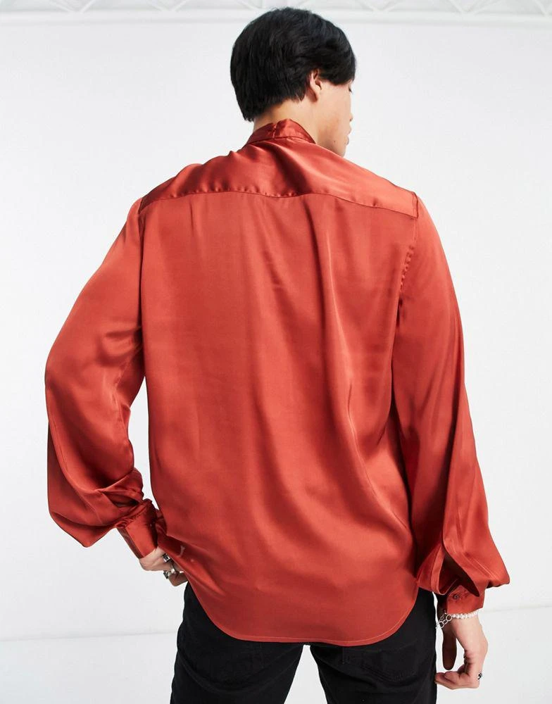 商品ASOS|ASOS DESIGN satin shirt with tie neck and blouson volume sleeve in brick red,价格¥201,第4张图片详细描述