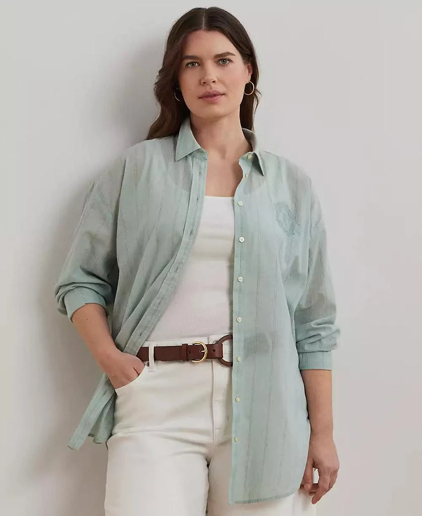 商品Ralph Lauren|Plus Size Oversize Striped Cotton Voile Shirt,价格¥1089,第1张图片