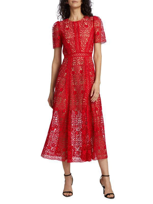 商品Self Portrait|Guipure Lace Short-Sleeve Midi-Dress,价格¥1606,第1张图片