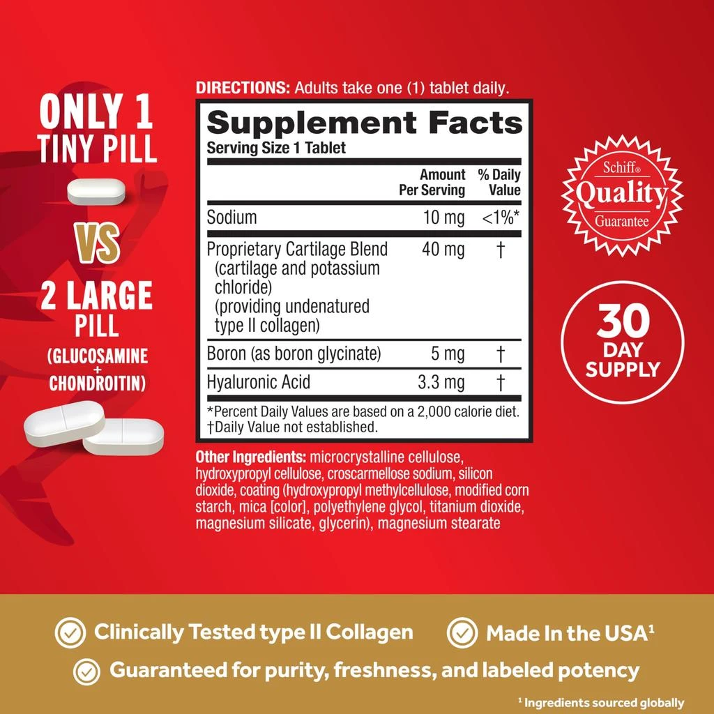 商品Move Free|Move Free Ultra Triple Action Joint Support Supplement - Type II Collagen Boron & Hyaluronic Acid - Supports Joint Comfort, Cartiliage & Bones in 1 Tiny Pill Per Day, 30 Tablets (30 servings)*,价格¥131,第4张图片详细描述