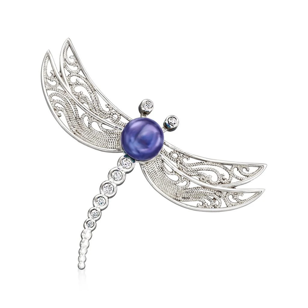 商品Ross-Simons|Ross-Simons 8-9mm Black Cultured Pearl Dragonfly Pin With CZ Accents in Sterling Silver,价格¥787,第1张图片