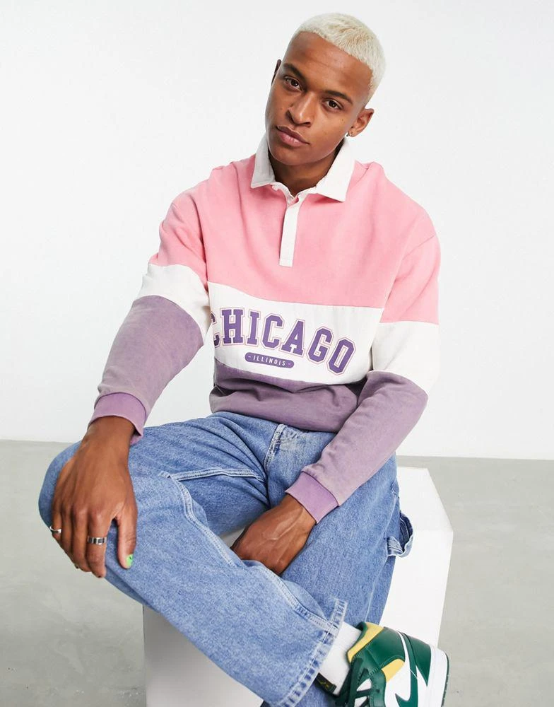 商品ASOS|ASOS DESIGN oversized rugby sweatshirt in colour block with city print,价格¥179,第3张图片详细描述