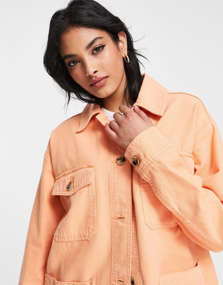 Topshop oversized long sleeve shirt jacket with branded woven label in orange商品第4张图片规格展示