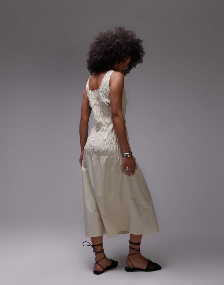 ARKET cotton rich midi dress with smocked bodice and drop waist in beige-Neutral