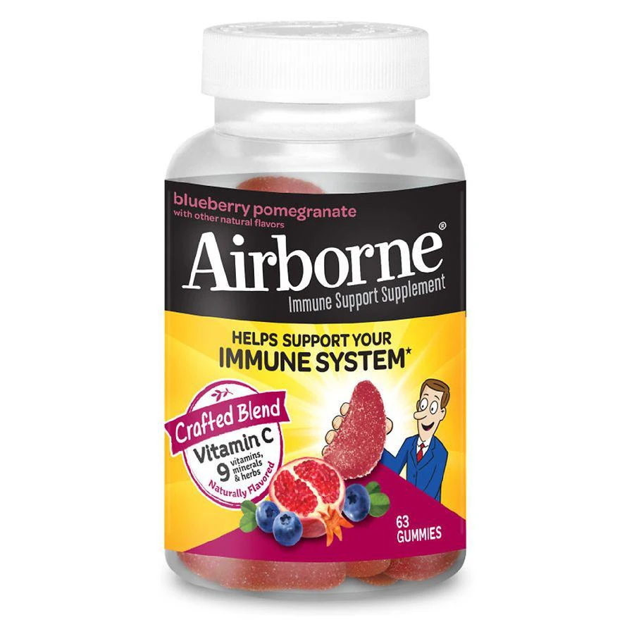 商品Airborne|Vitamin C, E, Zinc, Minerals & Herbs Immune Support Supplement Gummies Blueberry Pomegranate, 63 ct.,价格¥150,第1张图片