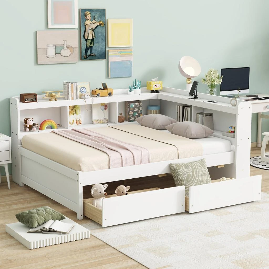 商品Streamdale Furniture|Streamdale L-Shaped Bookcase Bed with Power, USB & Drawers - White,价格¥6980,第5张图片详细描述