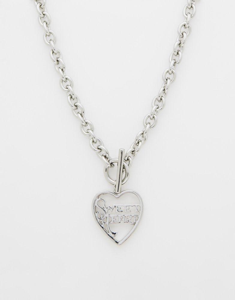 商品Reclaimed Vintage|Reclaimed Vintage t bar necklace with heart in silver,价格¥68,第1张图片