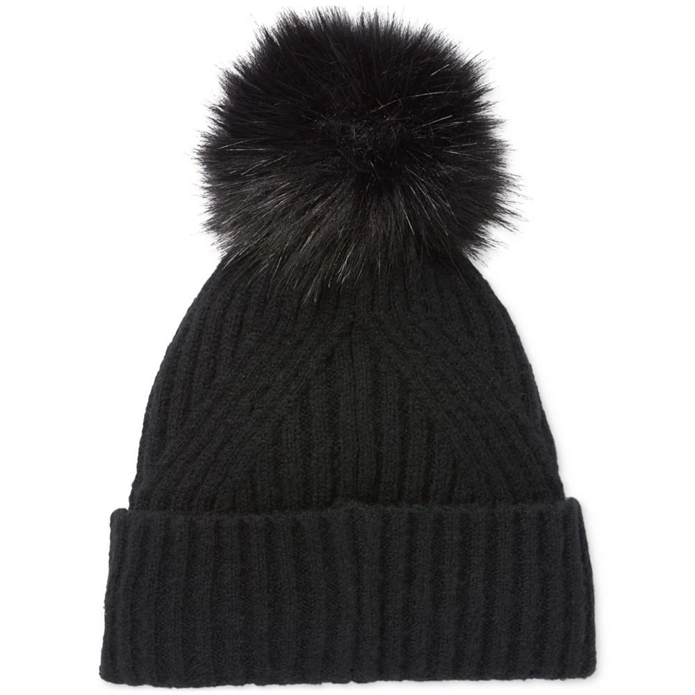 商品Calvin Klein|Women's Ribbed Furry Pom Pom Hat,价格¥216,第2张图片详细描述