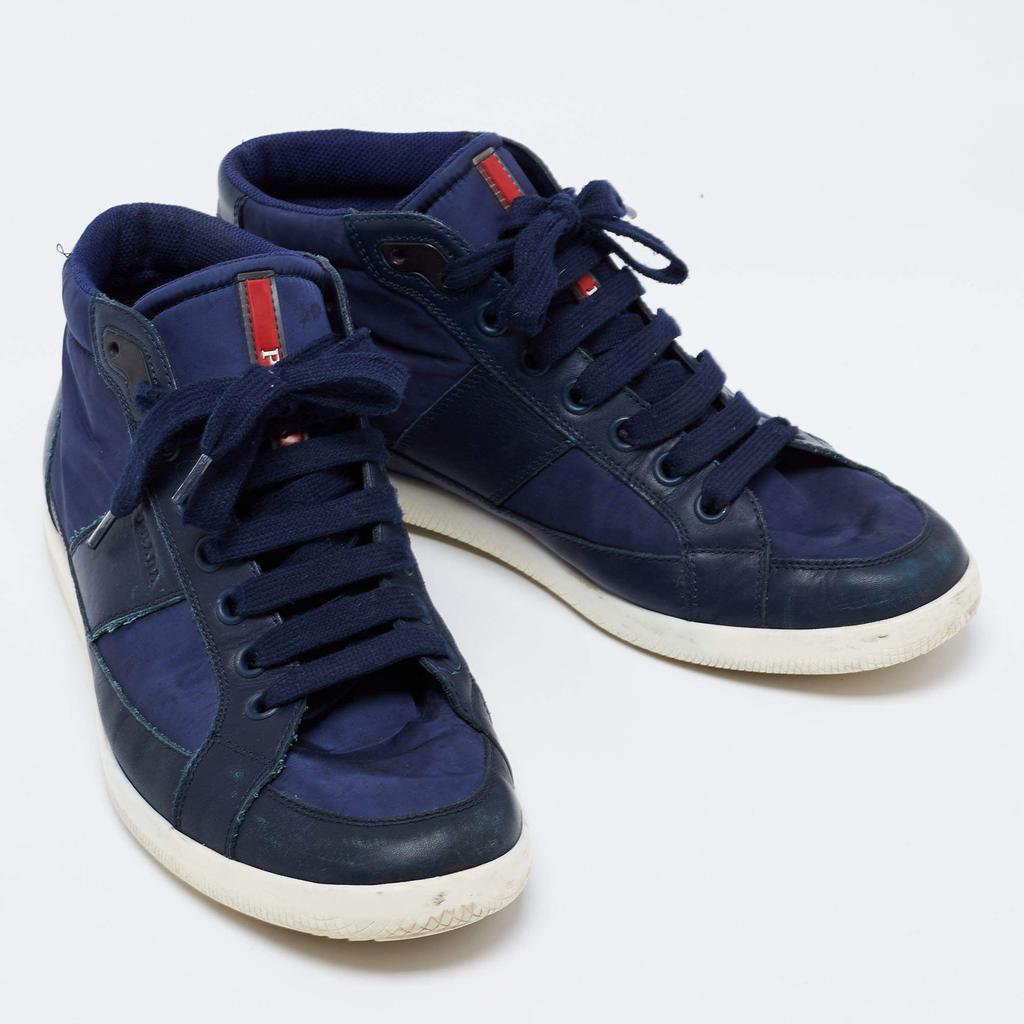 Prada Sport Navy Blue Nylon And Leather Mid Top Sneakers Size 43.5商品第4张图片规格展示