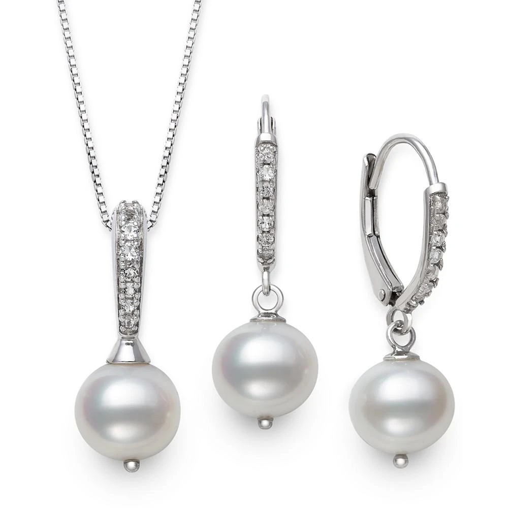 商品Belle de Mer|2-Pc. Set Cultured Freshwater Pearl (7-1/2mm) & Cubic Zirconia Pendant Necklace & Matching Drop Earrings in Sterling Silver,价格¥601,第1张图片