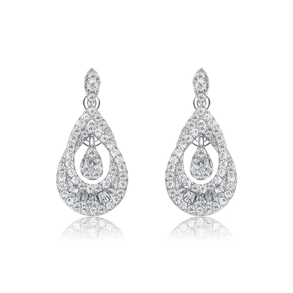商品Genevive|Sterling Silver White Gold Plated  Clear Round Cubic Zirconia Double Pear Drop Earrings,价格¥590,第2张图片详细描述