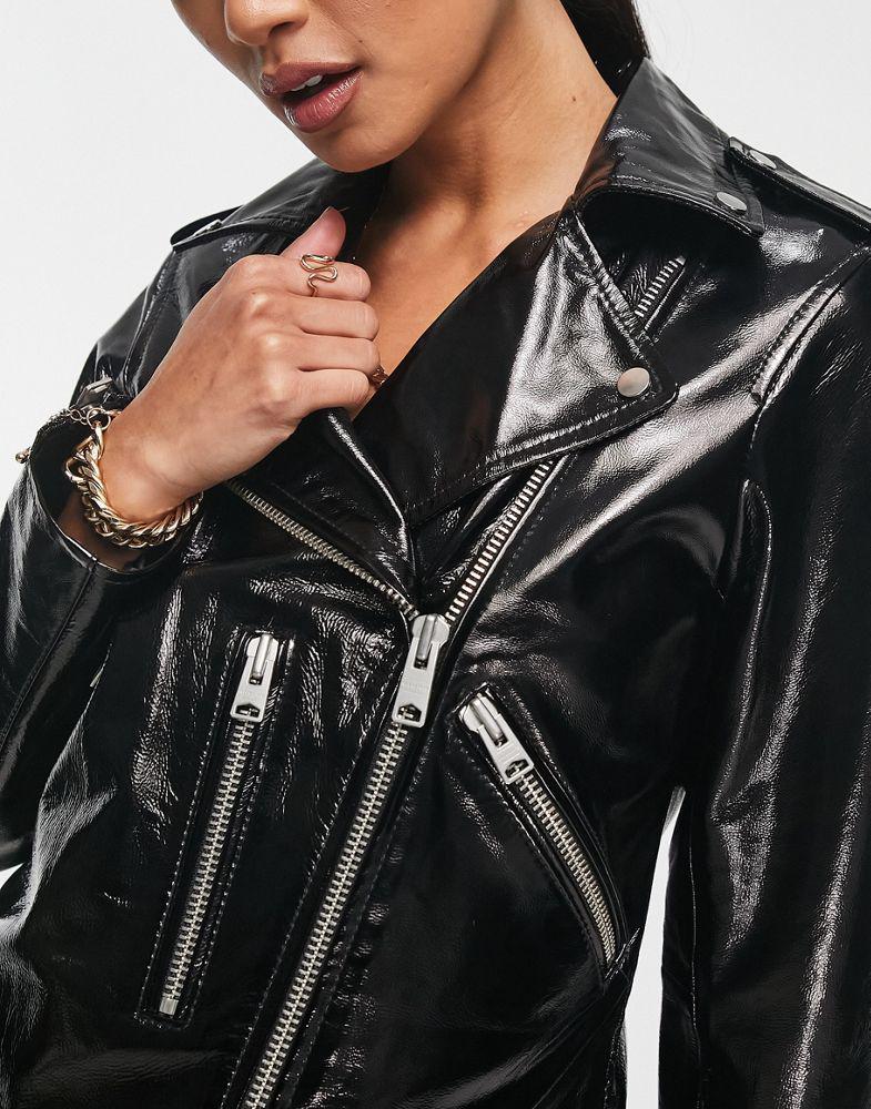 AllSaints Fern high shine leather biker jacket in black商品第3张图片规格展示